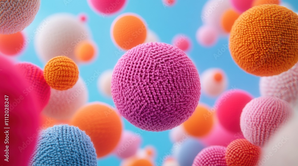 Poster colorful textured spheres float dynamically against a vivid blue background, creating a playful and 