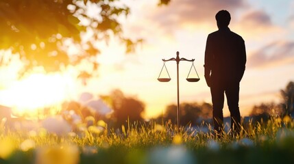 Silhouette of a Person Standing by Scales of Justice at Sunset