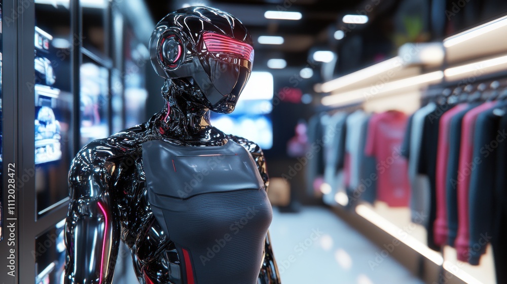 Aufkleber futuristic humanoid robot in a high-tech retail store setting with sleek design and black armor.