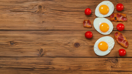 Fried eggs with crispy bacon and cherry tomatoes on wooden table create delicious breakfast scene. vibrant colors and textures evoke warm, inviting atmosphere