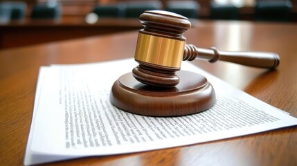 Wooden Gavel on Legal Document in Courtroom Setting for Justice