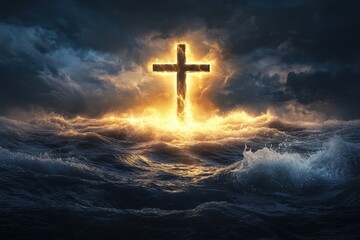 Cross illuminated by a fiery glow amidst stormy waves with dramatic shadows and intense light
