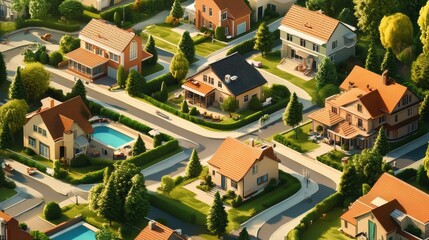 Aerial view of a modern suburban neighborhood with vibrant houses and well-maintained gardens.