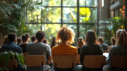 Group of people engaged in learning in a bright, nature-inspired setting during daytime hours. Generative AI