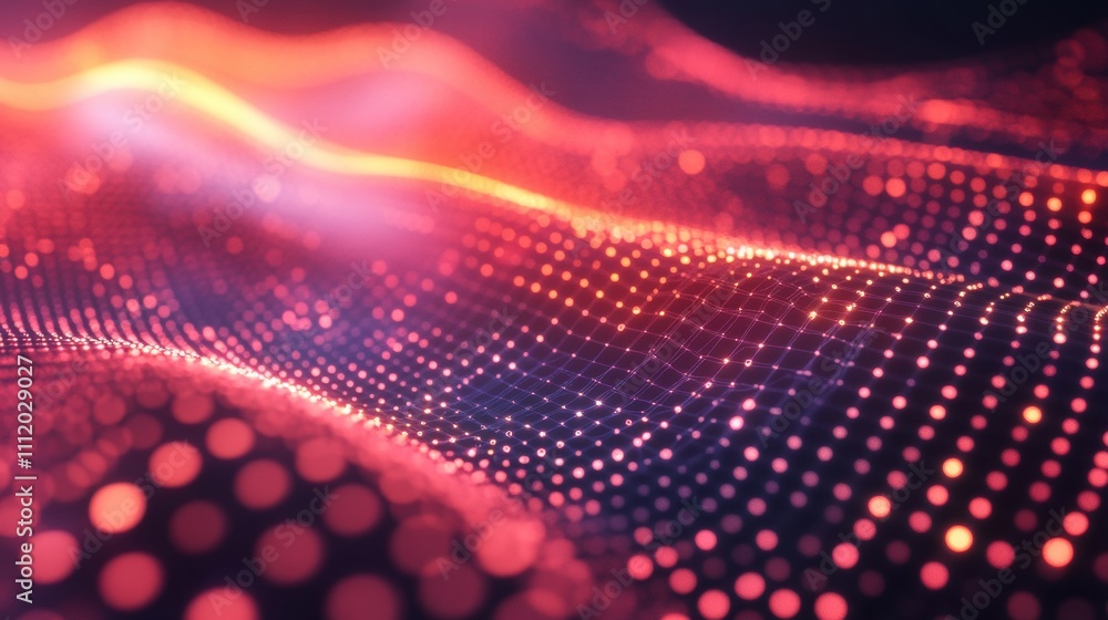 Poster vibrant digital landscape with glowing dots and lines forming fluid wave patterns.