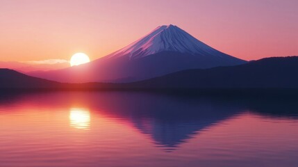 Serene sunset view of a snow-capped mountain reflected in a calm lake.
