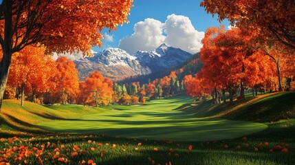 Obraz premium Vibrant autumn landscape with colorful foliage and majestic mountains in the background under a bright blue sky.