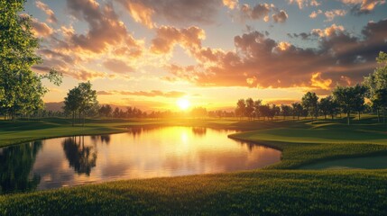 Fototapeta premium Tranquil sunset view over a serene lake surrounded by lush greenery and vibrant clouds.