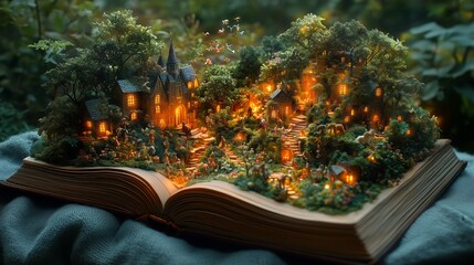 Enchanted fairy tale village unfolding from an open storybook in a magical forest