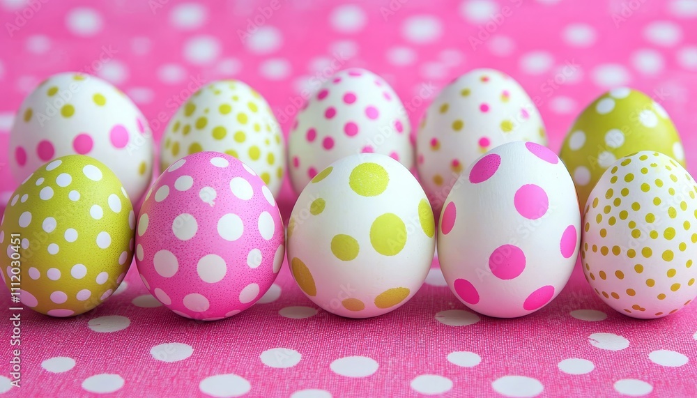 Poster row of nine lime and fuchsia decorated easter eggs on polka dot background with copy space
