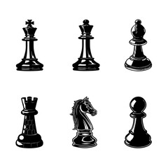 Silhouettes of chess pieces. Chessboard. Black and white. Chess icons. Vector chess isolated on white background. Playing chess on the Board. King, Queen, rook, knight, Bishop, pawn