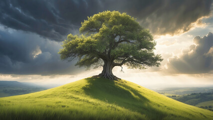 Lone tree on a green hill, stormy sky in background, beautiful light before storm