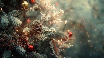 Fototapeta premium Closeup decorated Christmas tree with ornaments and fairy lights