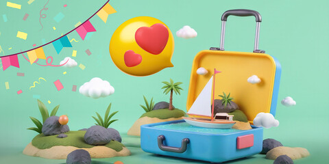 Abstract background. 3D Blue suitcase with holiday concept with auntie party celebrating with a trip to the lake by boat. Luggage, Creativity, island, Paradise, 3D Rendering