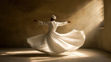Whirling Dervish Spiraling in Flowing Movement with Sunlit Robes in Sacred Reflection