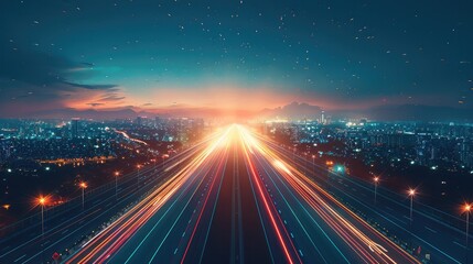 A straight road with colorful trails stretching toward a horizon, night cityscape.