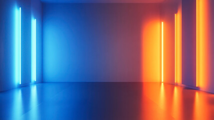 A modern art space with vibrant blue and orange neon lights illuminating the walls, creating a unique atmosphere for creativity and expression