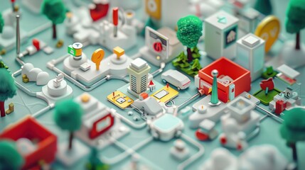 Colorful Isometric Cityscape Model with Vivid Trees and Buildings in a Playful Style
