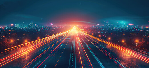 Obraz premium A straight road with colorful trails stretching toward a horizon, night cityscape.