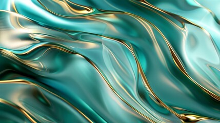 Golden lines flow gracefully on teal liquid metal, creating a luxurious abstract background that is modern and elegant, with dynamic waves and ripples adding fluidity and movement to the design