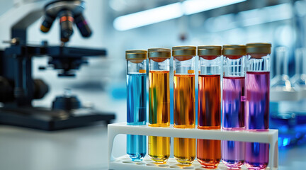 The front ground includes the glasses and a special stand with test tubes containing multi-colored liquids, next to it stands a microscope out of focus.