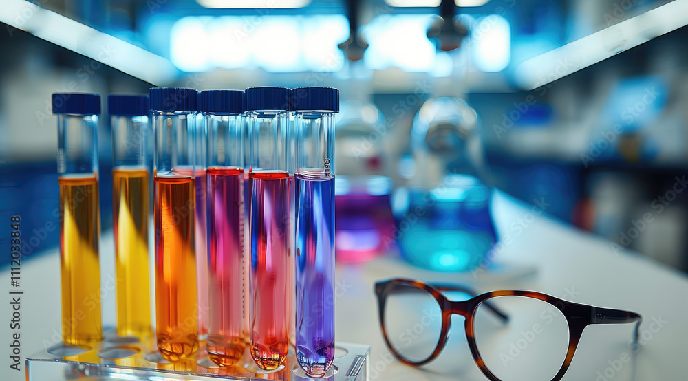 Poster the front ground includes the glasses and a special stand with test tubes containing multi-colored l