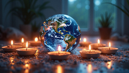 A glass fragile globe of the Earth surrounded by candles