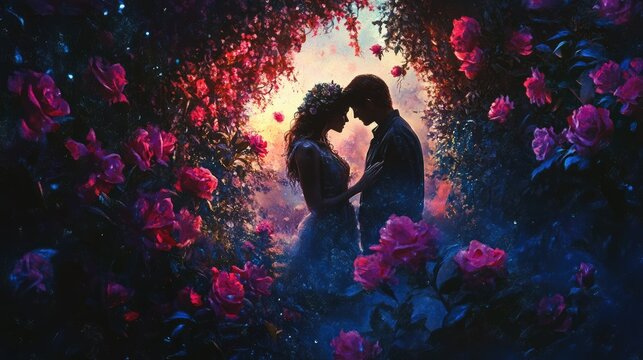 Silhouetted couple embracing in a magical rose garden at sunset.