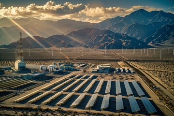A large solar farm with adjacent wind turbines set against a vast desert backdrop, depicting a harmonious blend of renewable energy sources in a sustainable context.