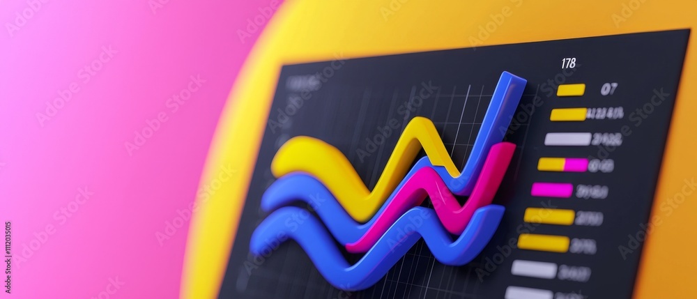 Poster a colorful line graph displaying trends and data metrics against a vibrant background, illustrating 
