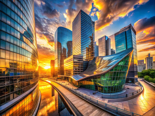 Fototapeta premium captivating sunset illuminates cluster of modern buildings, reflecting vibrant colors on water. scene evokes sense of tranquility and awe