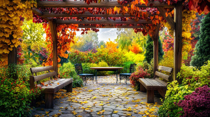 Obraz premium The scene is a vibrant and realistic depiction of a pergola terrace viewed from within. The terrace features a modern aluminum pergola with a lamella roof and glass side walls, offering both style
