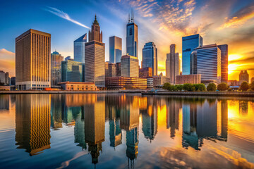 Obraz premium stunning skyline at sunset, showcasing modern glass buildings reflecting in water. vibrant colors create breathtaking view of city