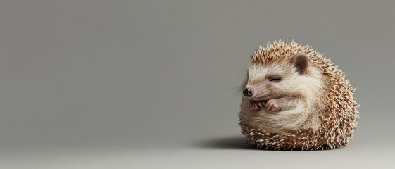 Hedgehog curled into a ball on a neutral gray background, adorable and spiky