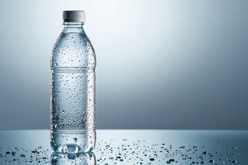 A close-up of a water bottle with condensation studio setting focused composition evoking freshness and thirst quenching in a minimalistic environment