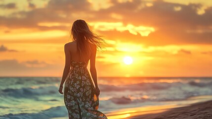 Fototapeta premium A woman in a floral dress walks along a beach at sunset.
