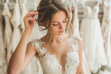 Naklejka premium A young bride gently adjusts her veil in a stunning lace wedding dress, surrounded by a selection of beautiful gowns, capturing an elegant bridal moment.