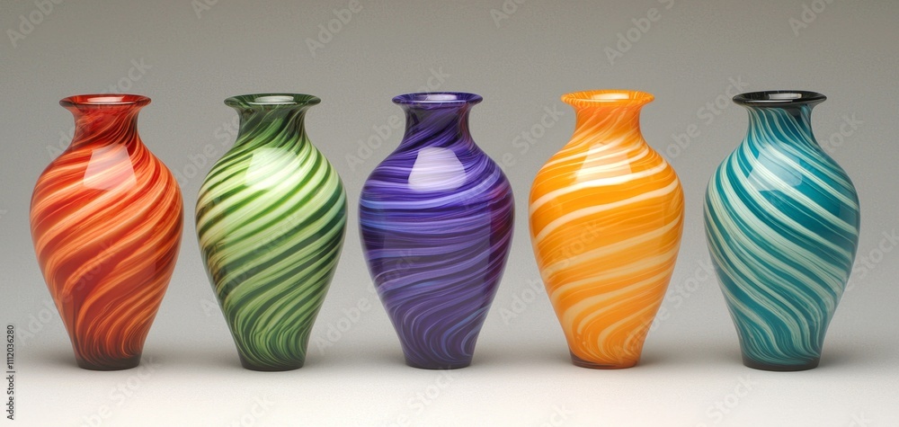 Poster a colorful collection of five elegantly designed vases, each featuring unique swirling patterns and 