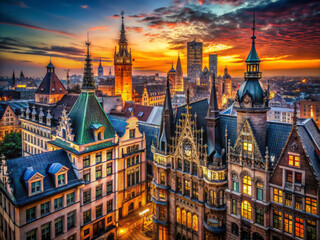 Fototapeta premium stunning sunset view over cityscape featuring eclectic buildings, historic architecture, and vibrant colors. skyline showcases blend of old and modern structures