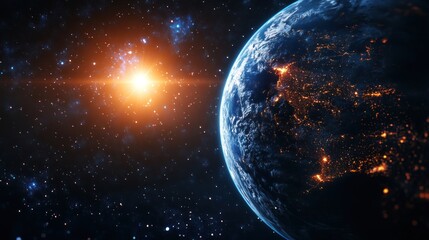 Obraz premium Earth from Space with Sun and Stars