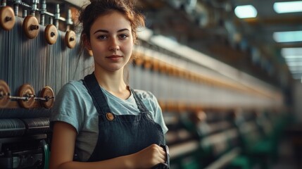 Fototapeta premium A young Caucasian woman in denim overalls stands confidently in a textile factory, surrounded by machinery.