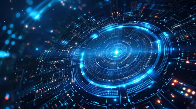 Digital blue tech circle on dark background. Science, universe, futuristic digital technologies concept