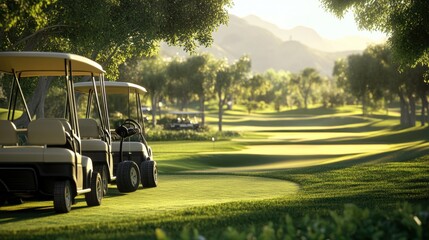 A serene golf course scene featuring two golf carts parked under lush trees, with rolling hills in the background.