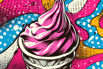 A vibrant, pop art style image of a melting soft serve ice cream with bold colors and dynamic patterns evoking a sense of nostalgia and excitement.