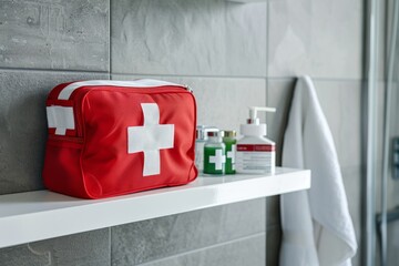 A red first aid kit with a prominent white cross sits on a clean white bathroom shelf, accompanied by green and white containers, emphasizing a sense of safety.