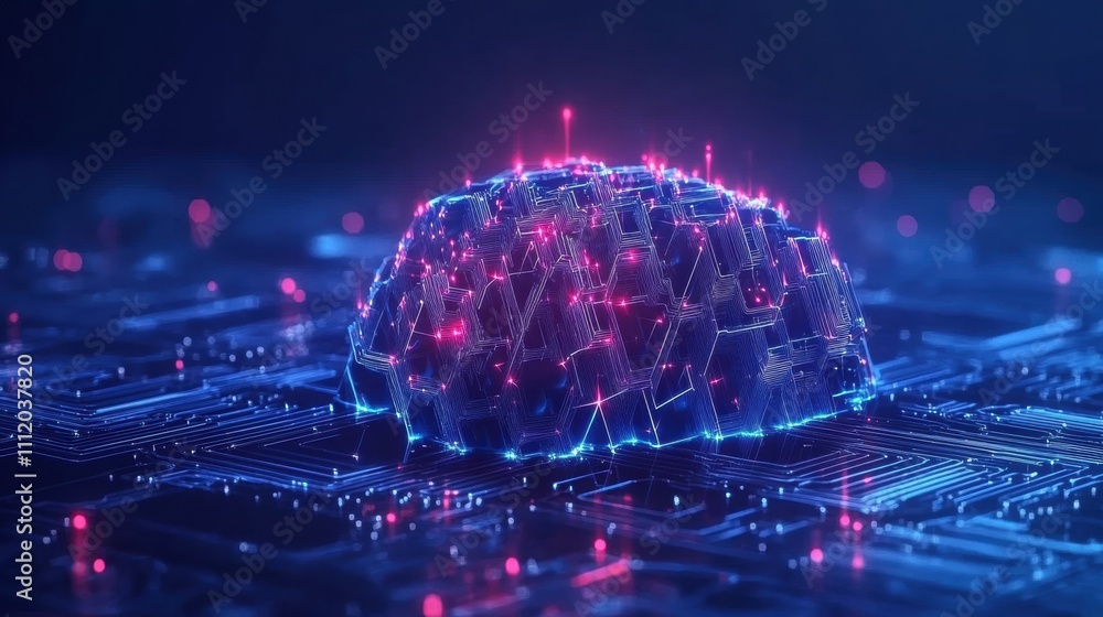 Poster vibrant ai chip abstract in a brain design, glowing against a dark blue backdrop, symbolizing artifi