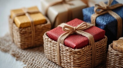 Obraz premium Woven baskets filled with tiny wrapped presents isolated on white background. Generative AI