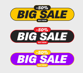Set of vector bright banner for big sale, 50% discount, buy now, illustration of geometric rounded price tag flyer.