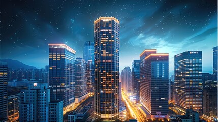 Fototapeta premium A cluster of modern skyscrapers glowing under the night sky, with glass facades reflecting dynamic light pattern.