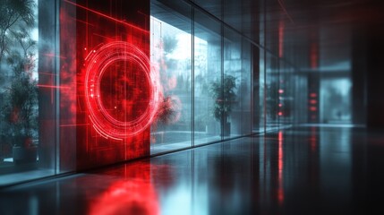 Glowing red circular hologram in futuristic hallway, digital sphere in high-tech office, innovation concept, technology design, modern architecture, illuminated red light reflection.